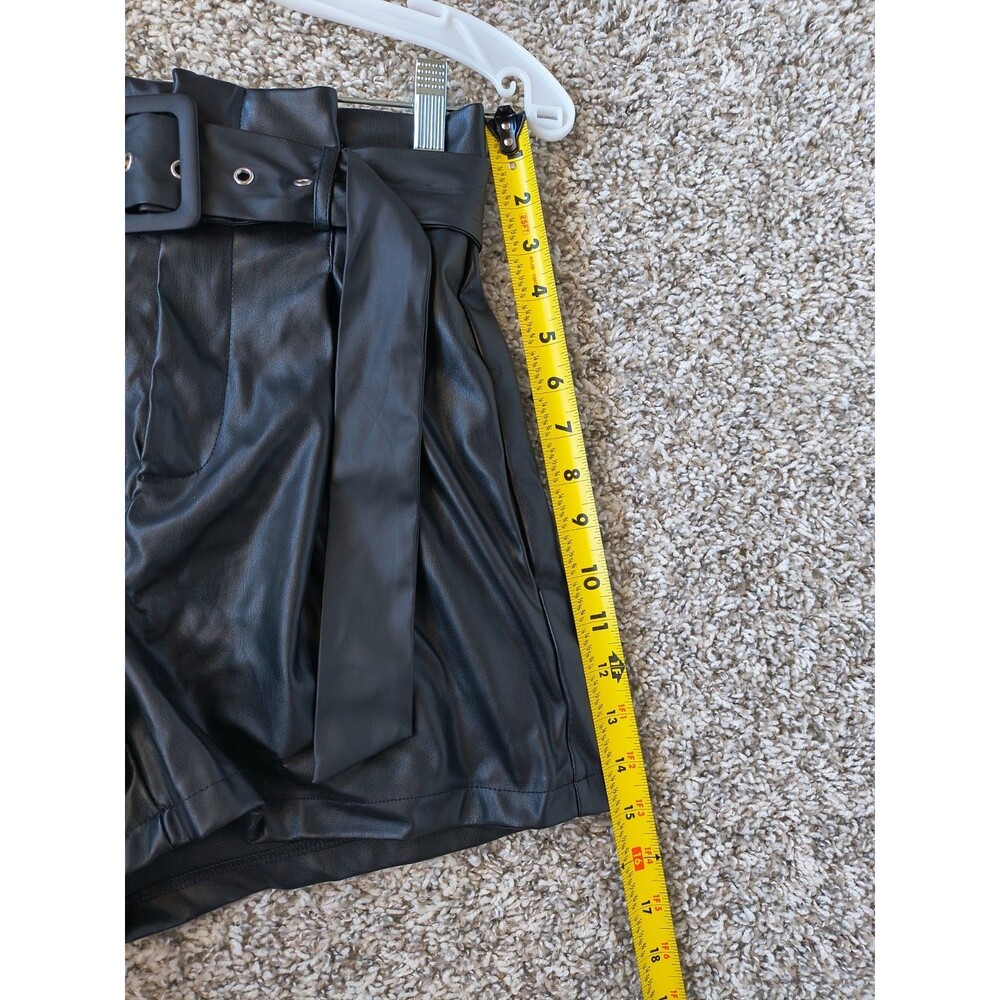 Women's S Black Faux Leather Paperbag Waist High Rise Belted Shorts - Picture 14 of 16